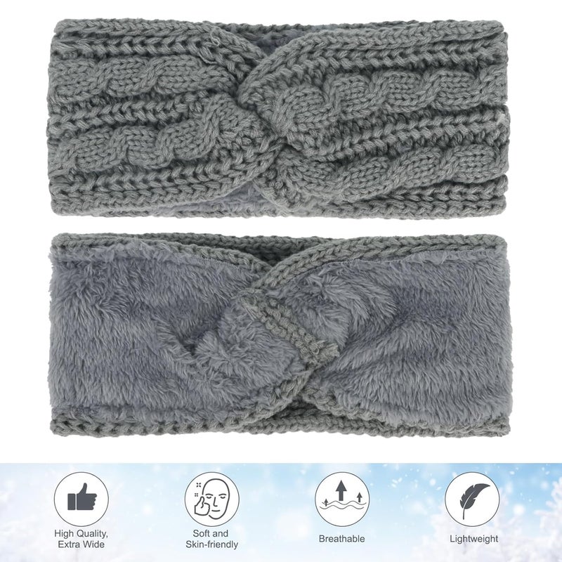 Cavetee Winter Headbands for Women, 2 Pieces Hairband Ear Muffs, Soft Wool Elastic Headband with Lined Plush Fleece, Crochet Ear Protector Bandana for Women Girls - Image 4